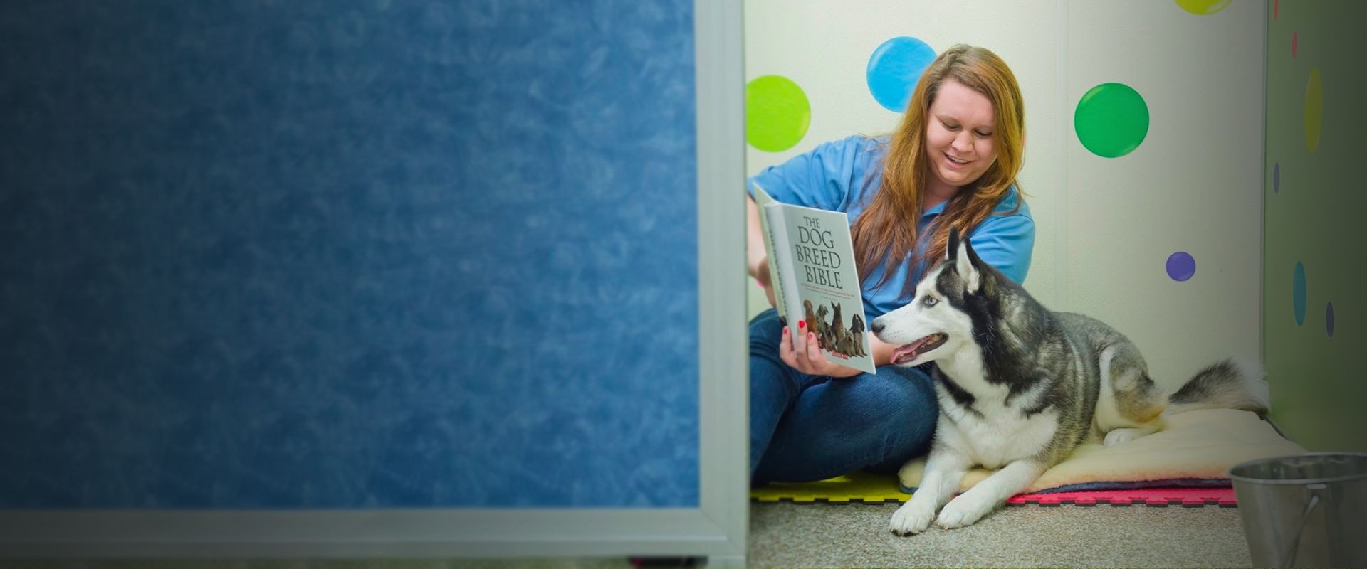 rivermist pet employee reading a book to a husky dog